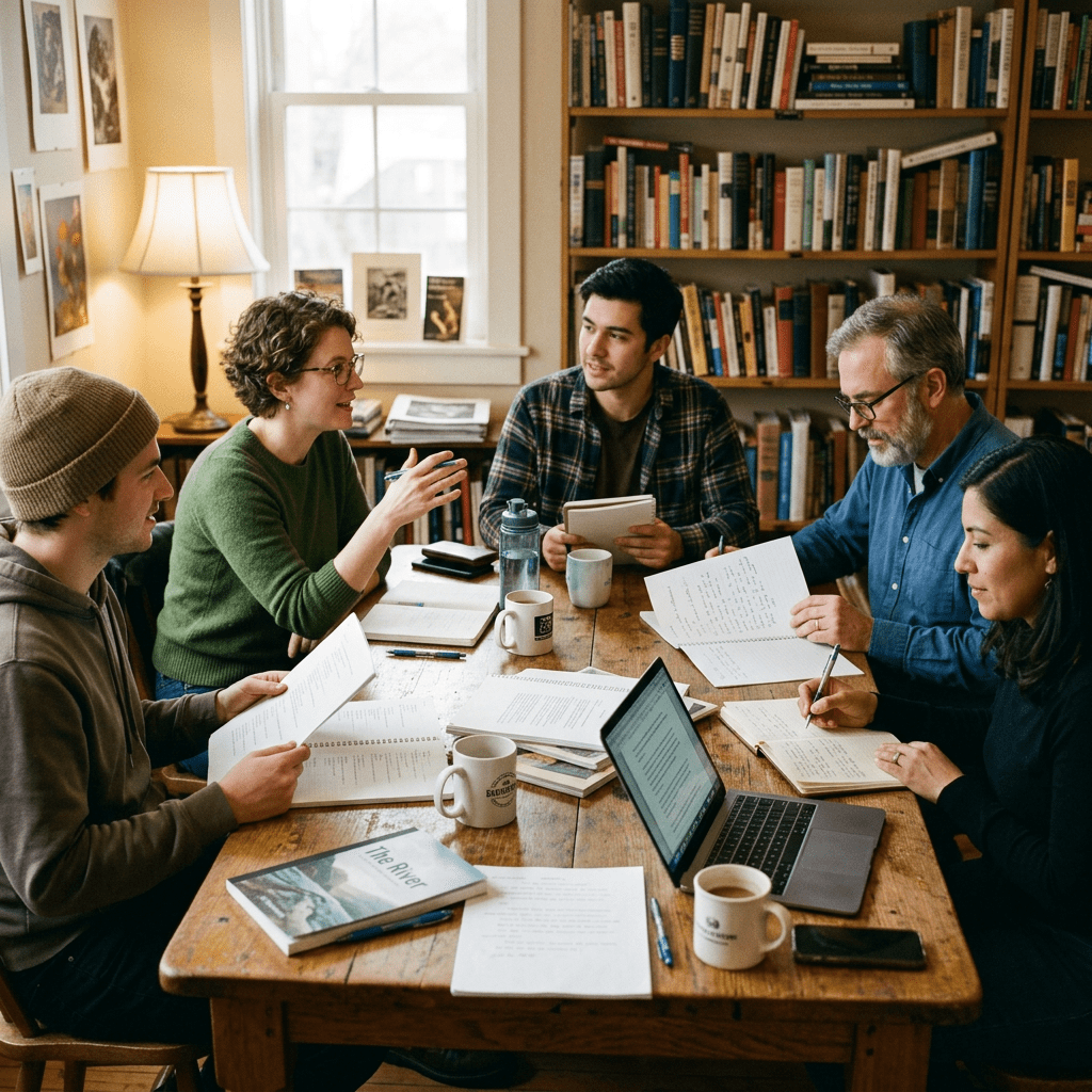 Group of five people discussing and reviewing documents in a library setting